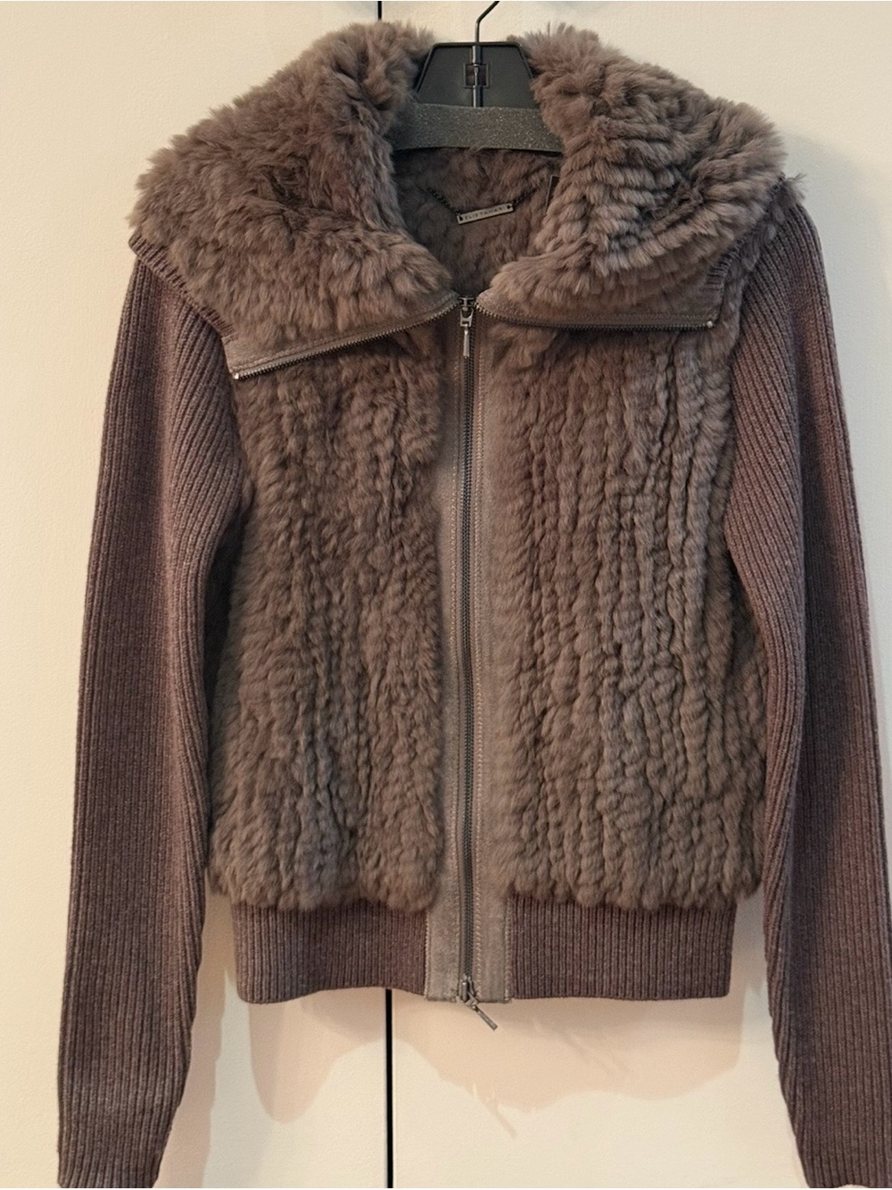 New With Tags Elie Tahari Taupe 100% Rabbit Fur Zip Cardigan Sandy Jacket (XS)